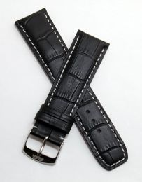 Black genuine leather crocodile-style strap with white stitching to fit Baume & Mercier Classima models requiring a 22 mm strap