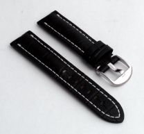 Black crocodile pattern 22 mm pin buckle type leather strap with white stitching to fit Breitling watches