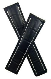 Black 24 mm crocodile pattern leather deployment strap with white stitching to fit Breitling watches 
