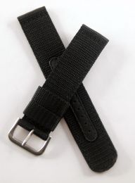 21 mm black military style webbing strap with brushed stainless steel pin buckle.