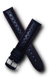 19 mm Heuer Carrera Style Black Sports perforated pin buckle leather strap with red stitching