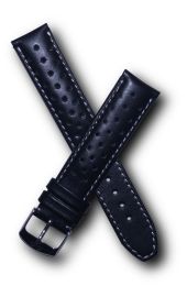 19 mm Heuer Carrera Style Black Sports perforated pin buckle leather strap with white stitching