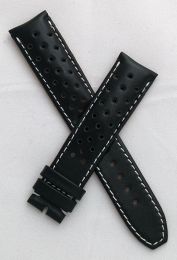 20 mm Black Sports perforated pin buckle leather strap with white stitching to fit TAG Heuer Carrera models with a 20 mm lug width & pin buckle