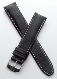 20 mm Heuer Carrera Style Black classic genuine leather pin buckle strap with white stitching