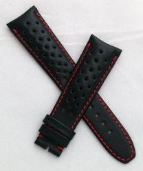 Black Perforated Sports-style leather 22/18 mm pin buckle strap with red stitching & lining to fit TAG Heuer Monaco models with 22 mm lug width