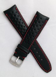22 mm Heuer Carrera Style Black Sports perforated pin buckle leather strap with red stitching