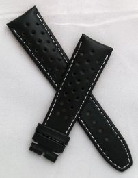 Black Perforated Sports-style leather 22/18 mm pin buckle strap with white stitching to fit TAG Heuer Monaco models with 22 mm lug width