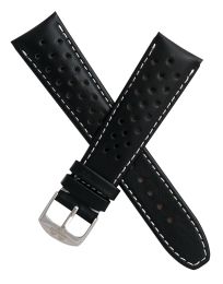 22 mm Heuer Carrera Style Black Sports perforated pin buckle leather strap with white stitching