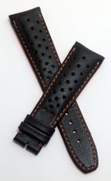 Black Perforated Sports-style leather 22/18 mm pin buckle strap with orange stitching & lining to fit TAG Heuer Grand Carrera models with 22 mm lug width