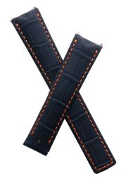 Dark navy blue crocodile-style genuine leather deployment type strap with orange stitching & lining to fit TAG Heuer 6000 Series gents watches