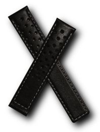 19/18 mm black sports perforated genuine leather deployment type strap with white stitching to fit TAG Heuer Carrera models listed below - please read clasp fitment notes