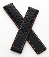19/18 mm black sports perforated genuine leather deployment type strap with orange stitching and lining to fit TAG Heuer Carrera models listed below - please read clasp fitment notes