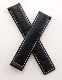 19/18 mm dark navy blue crocodile-style genuine leather deployment type strap with white stitching to fit TAG Heuer Carrera models listed below - please read clasp fitment notes