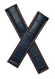19/18 mm dark navy blue crocodile-style genuine leather deployment type strap with orange stitching & lining to fit TAG Heuer Carrera models listed below - please read clasp fitment notes