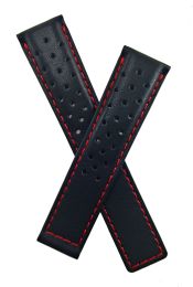 20/18 mm black sports perforated genuine leather deployment type strap with red stitching to fit TAG Heuer Autavia models listed below - please read clasp fitment details