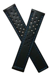 20/18 mm black sports perforated genuine leather deployment type strap with blue stitching to fit TAG Heuer Autavia models listed below - please read clasp fitment notes
