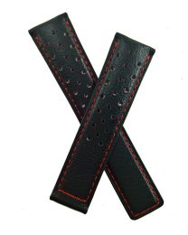 20/18 mm black sports perforated genuine buffalo grain leather strap with red stitching & red silicone lining to fit TAG Heuer Carrera & Grand Carrera models listed below - please read clasp fitment details