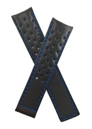 20/18 mm black sports perforated genuine leather strap with blue stitching, lining & edging to fit TAG Heuer Carrera & Grand Carrera models listed below - please read clasp fitment notes