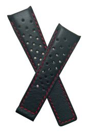22/18 mm black genuine leather sports perforated deployment type strap with red stitching to fit Carrera/Grand Carrera models listed below - please read clasp fitment notes