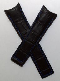 22/18 mm black genuine leather crocodile-style deployment type strap with blue stitching, lining & edging to fit Carrera/Grand Carrera models listed below - please read clasp fitment notes