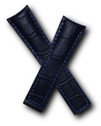 22/18 mm black genuine leather crocodile-style deployment type strap with blue stitching to fit Carrera/Grand Carrera models listed below - please read clasp fitment notes