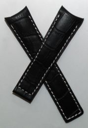 22/18m black genuine leather crocodile-style deployment type strap with white stitching to fit Carrera/Grand Carrera models listed below - please read clasp fitment notes