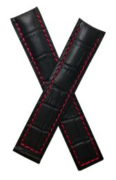 20/18 mm black crocodile-style genuine leather deployment type strap with red stitching to fit TAG Heuer Grand Carrera models listed below - please read clasp fitment notes