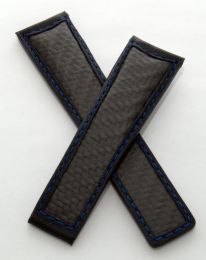 22/18 mm black leather strap with genuine carbon fibre inserts, blue stitching and blue calf leather lining to fit TAG Heuer Carrera/Grand Carrera models listed below - please see clasp fitment notes