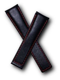 22/18 mm black genuine leather deployment type strap with red stitching & lining to fit TAG Heuer Monaco models listed - please read clasp fitment notes