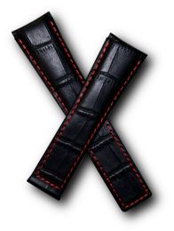 22/18 mm black genuine leather crocodile-style deployment type strap with red stitching & lining to fit TAG Heuer Monaco models listed below - please read clasp fitment notes