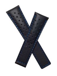 22/18 mm black genuine leather sports perforated deployment type strap with blue stitching to fit TAG Heuer Monaco models listed below - please read clasp fitment notes