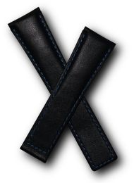 22/18 mm black genuine leather deployment type strap with blue stitching to fit TAG Heuer Monaco models listed - please read clasp fitment notes