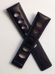 22/18 mm black rally-style genuine leather deployment type strap with blue stitching to fit TAG Heuer Silverstone models listed - please read clasp fitment notes