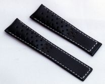 22/18 mm black genuine leather sports perforated deployment type strap with white stitching to fit TAG Heuer Silverstone models listed - please read clasp fitment notes
