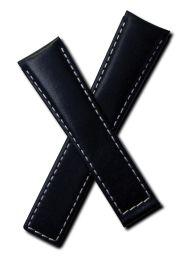 22/18 mm black genuine leather deployment type strap with white stitching to fit TAG Heuer Monaco models listed - please read clasp fitment notes
