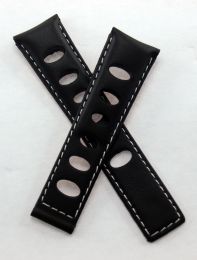 22/18 mm black rally-style genuine leather deployment type strap with white stitching to fit TAG Heuer Monaco models listed - please read clasp fitment notes