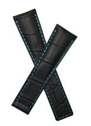 22/18 mm black genuine leather crocodile-style deployment type strap with turquoise stitching & lining to fit TAG Heuer Monaco models listed below - please read clasp fitment notes