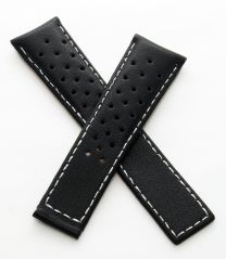 22/18 mm black sports perforated genuine leather deployment type strap with silver stitching to fit TAG Heuer Monaco models listed - please read clasp fitment notes