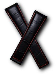 22/18 mm navy blue crocodile-style genuine leather deployment type strap with red stitching & lining to fit TAG Heuer Monaco models listed - please read clasp fitment notes