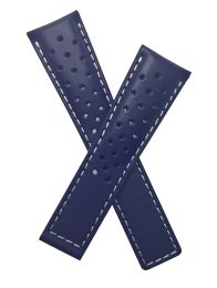 22/18 mm navy blue sports perforated genuine leather deployment type strap with white stitching to fit TAG Heuer Targa Florio models listed - please read clasp fitment notes