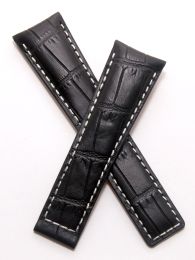 22/18 mm black genuine leather crocodile-style deployment type strap with white stitching to fit TAG Heuer Monaco LS & 24 models listed - please read clasp fitment notes