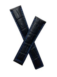XL length 22/18 mm black crocodile pattern genuine leather deployment type strap with royal blue stitching & lining to fit TAG Heuer Monaco models listed - please read clasp fitment notes
