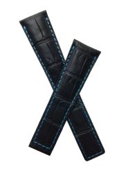 XL length 22/18 mm black crocodile pattern genuine leather deployment type strap with turquoise stitching & lining to fit TAG Heuer Monaco models listed - please read clasp fitment notes